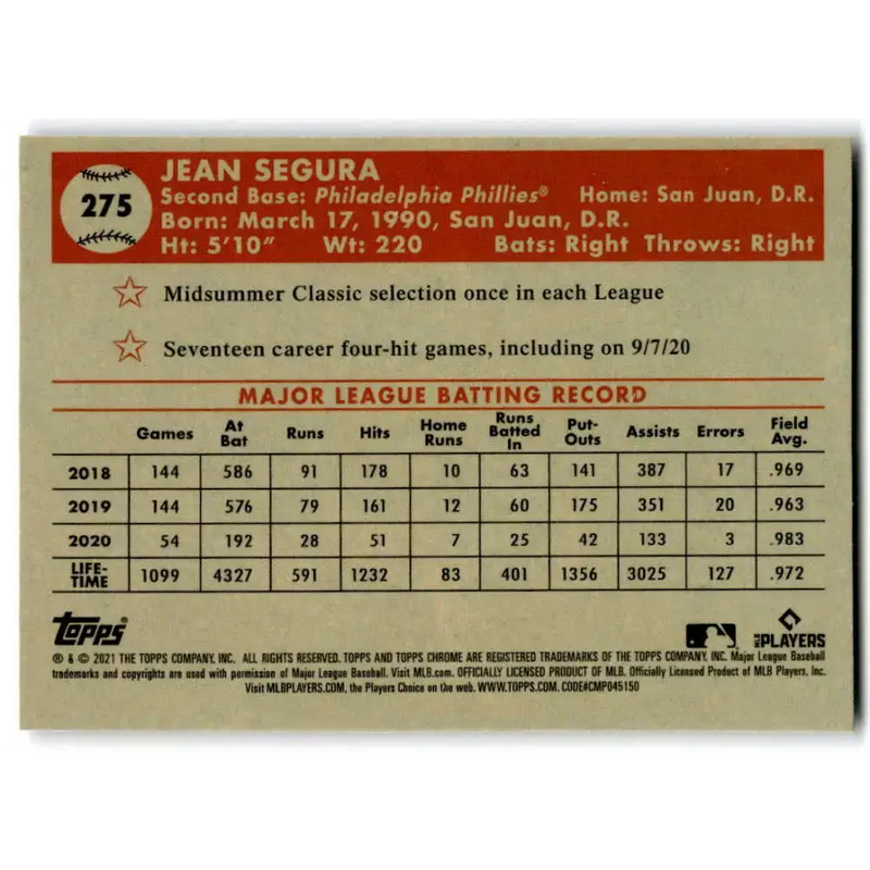 2021 Topps Chrome Platinum Anniversary #275 Jean Segura NM-MT Philadelphia Phillies Baseball Card - Baseball Card Single