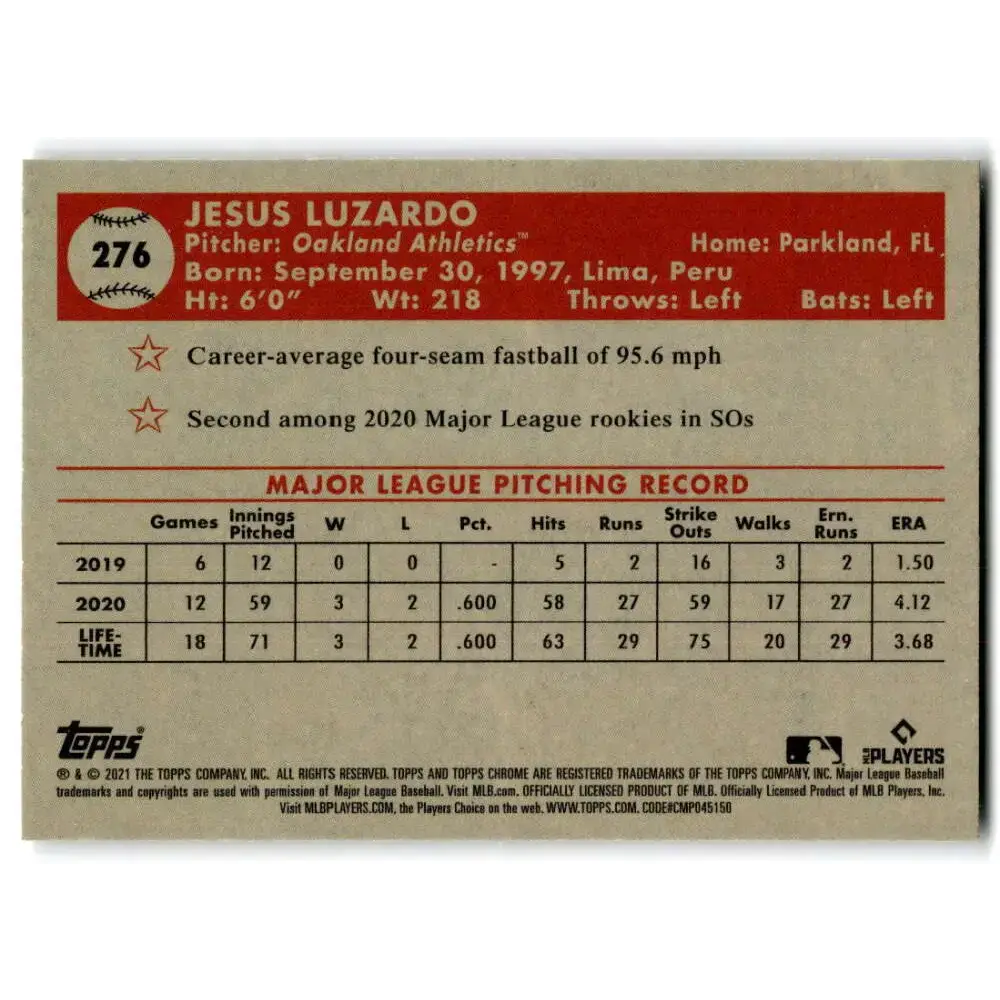 2021 Topps Chrome Platinum Anniversary #276 Jesus Luzardo NM-MT Oakland Athletics Baseball Card - Baseball Card Single