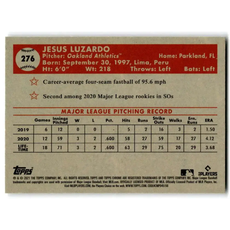 2021 Topps Chrome Platinum Anniversary #276 Jesus Luzardo NM-MT Oakland Athletics Baseball Card - Baseball Card Single