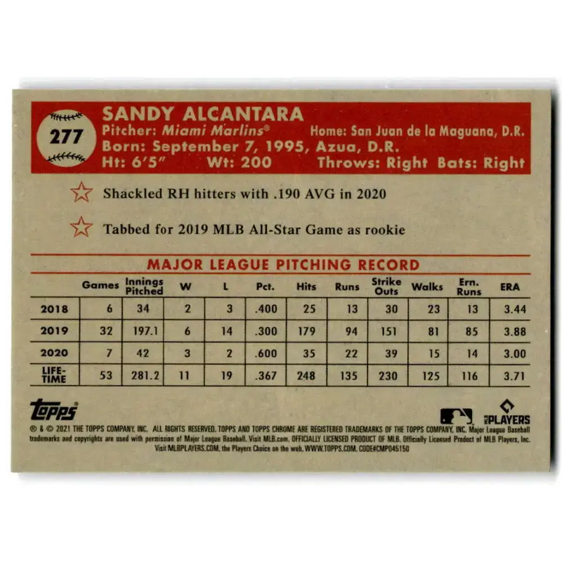 2021 Topps Chrome Platinum Anniversary #277 Sandy Alcantara NM-MT Miami Marlins Baseball Card - Baseball Card Single