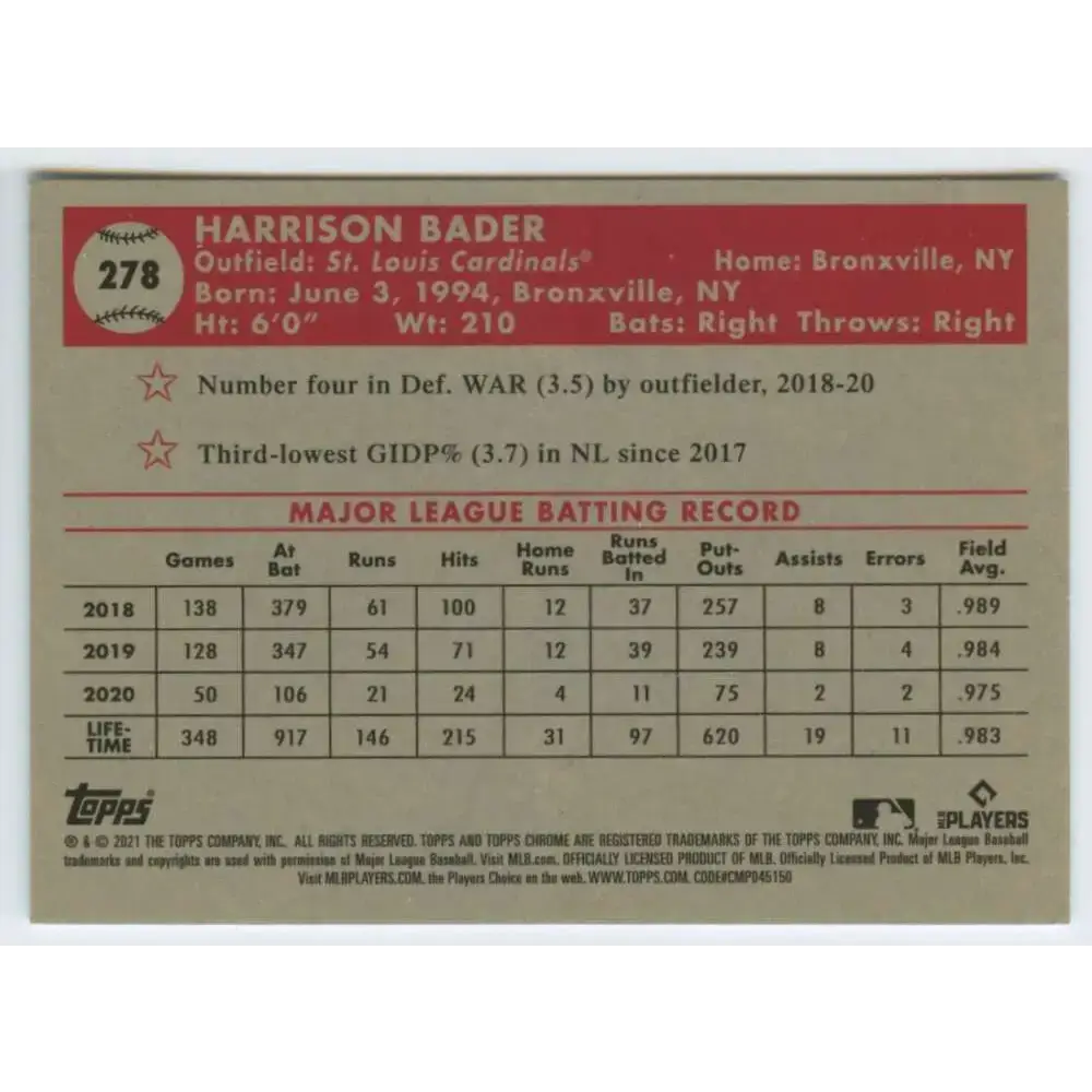 2021 Topps Chrome Platinum Anniversary #278 Harrison Bader NM-MT St. Louis Cardinals Baseball Card - Baseball Card