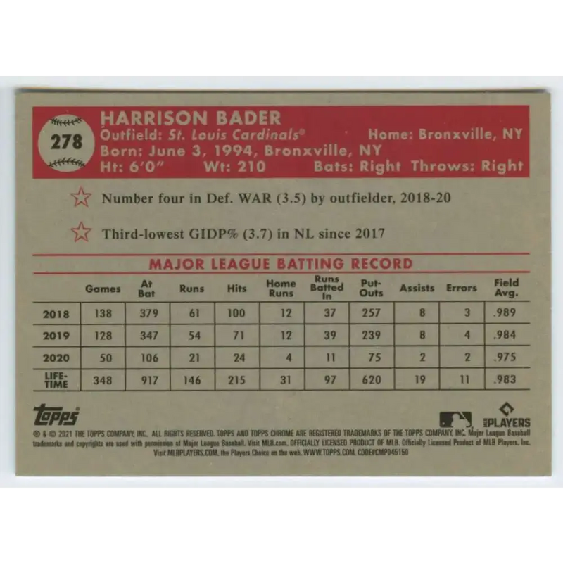 2021 Topps Chrome Platinum Anniversary #278 Harrison Bader NM-MT St. Louis Cardinals Baseball Card - Baseball Card