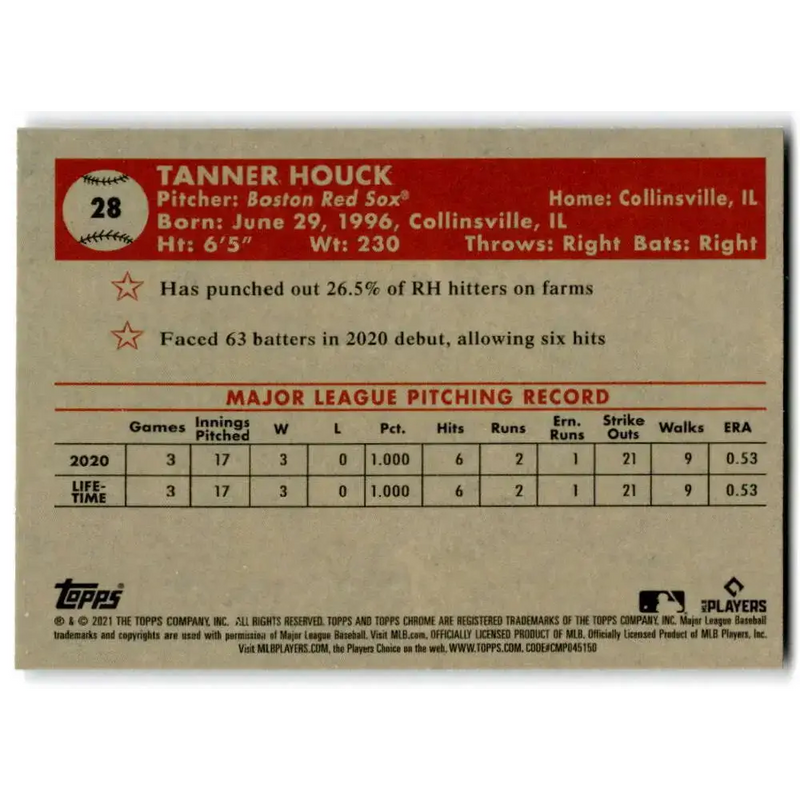 2021 Topps Chrome Platinum Anniversary #28 Tanner Houck NM-MT RC Rookie Boston Red Sox Baseball Card - Baseball Card