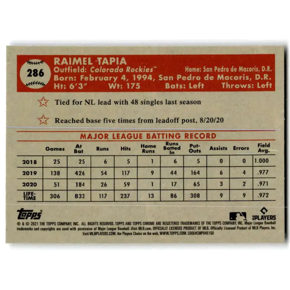 2021 Topps Chrome Platinum Anniversary #286 Raimel Tapia NM-MT Colorado Rockies Baseball Card - Baseball Card Single
