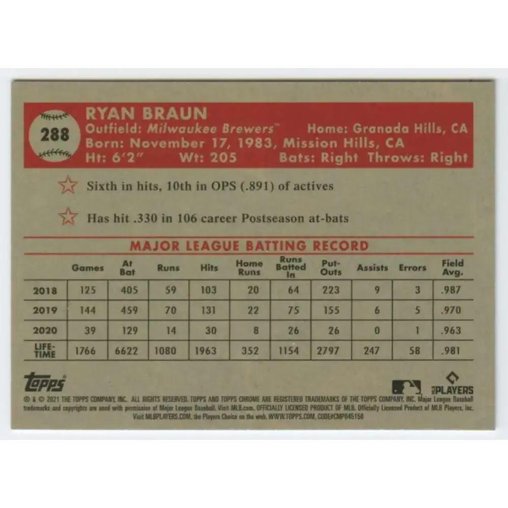 2021 Topps Chrome Platinum Anniversary #288 Ryan Braun NM-MT Milwaukee Brewers Baseball Card - Baseball Card Single