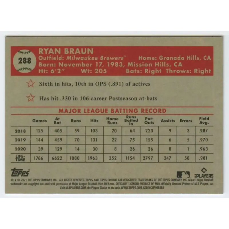 2021 Topps Chrome Platinum Anniversary #288 Ryan Braun NM-MT Milwaukee Brewers Baseball Card - Baseball Card Single
