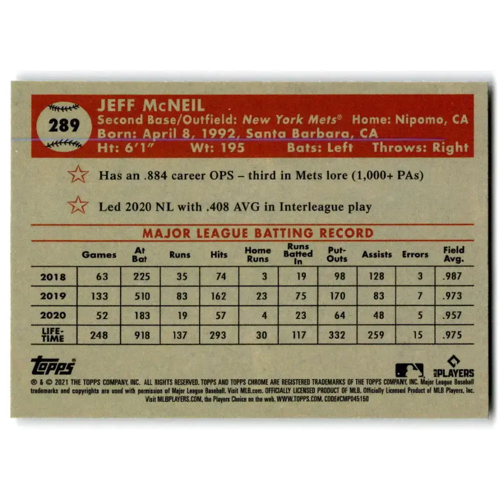 2021 Topps Chrome Platinum Anniversary #289 Jeff McNeil NM-MT New York Mets Baseball Card - Baseball Card Single