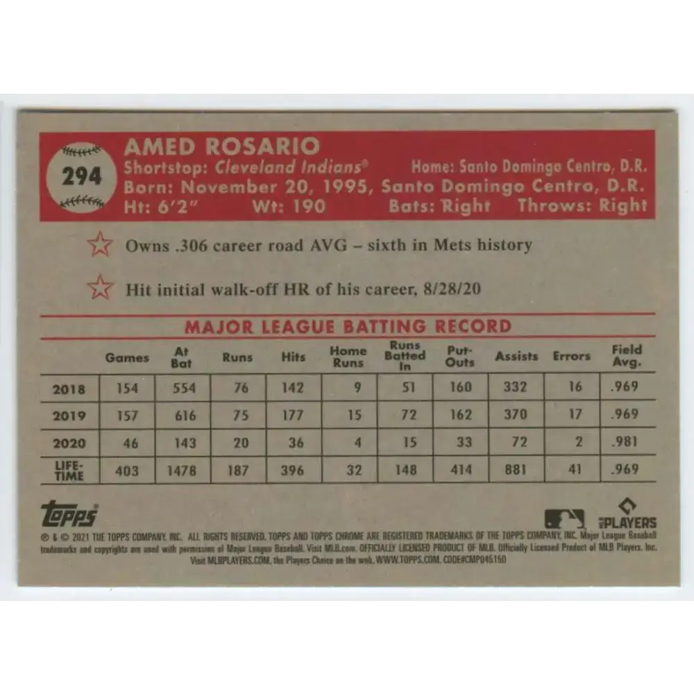 2021 Topps Chrome Platinum Anniversary #294 Amed Rosario NM-MT Cleveland Indians Baseball Card - Baseball Card Single