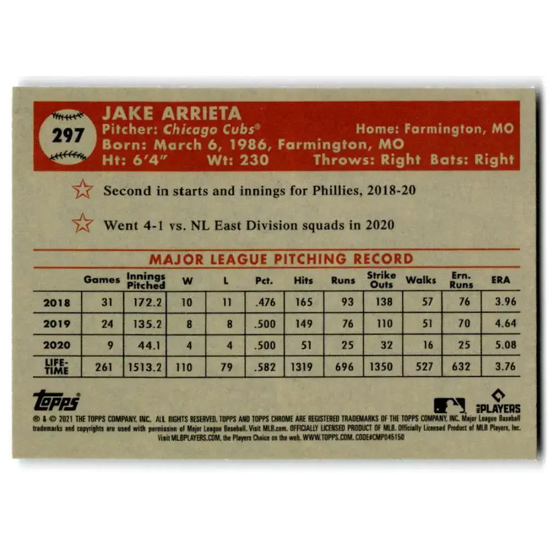 2021 Topps Chrome Platinum Anniversary #297 Jake Arrieta NM-MT Chicago Cubs Baseball Card - Baseball Card Single