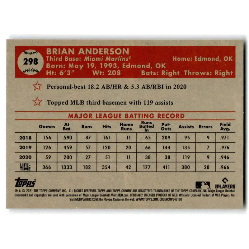 2021 Topps Chrome Platinum Anniversary #298 Brian Anderson NM-MT Miami Marlins Baseball Card - Baseball Card Single