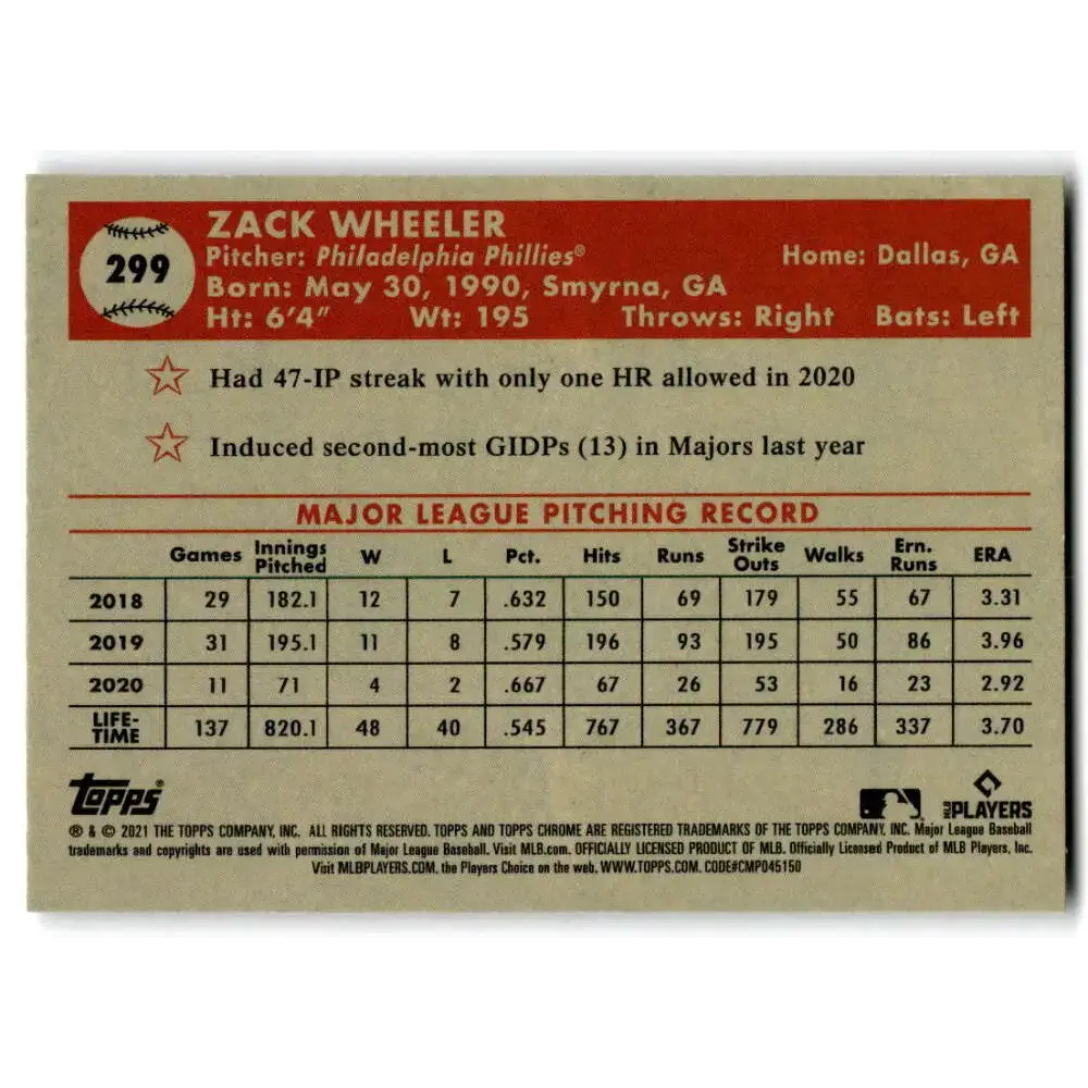 2021 Topps Chrome Platinum Anniversary #299 Zack Wheeler NM-MT Philadelphia Phillies Baseball Card - Baseball Card