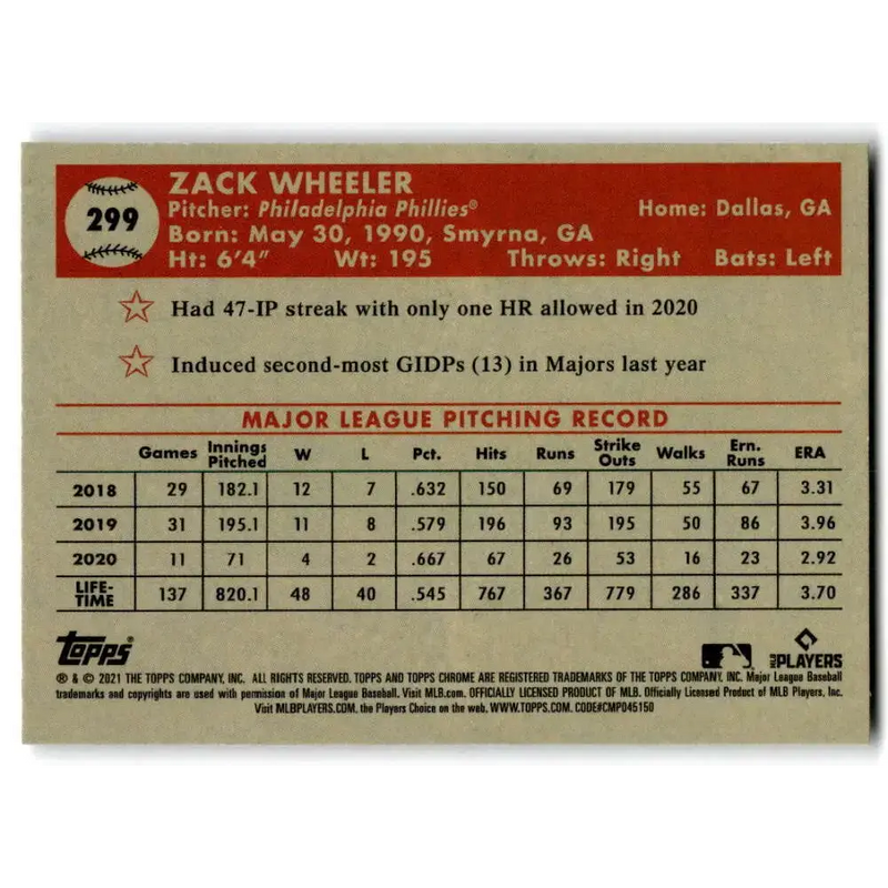 2021 Topps Chrome Platinum Anniversary #299 Zack Wheeler NM-MT Philadelphia Phillies Baseball Card - Baseball Card