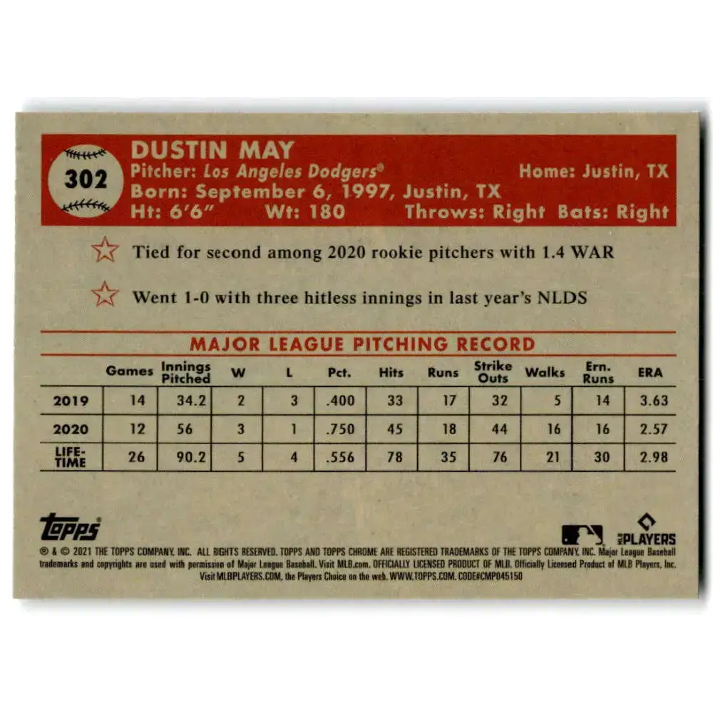 2021 Topps Chrome Platinum Anniversary #302 Dustin May NM-MT Los Angeles Dodgers Baseball Card - Baseball Card Single