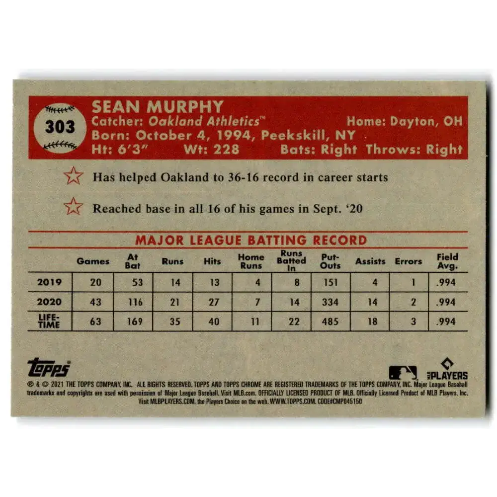2021 Topps Chrome Platinum Anniversary #303 Sean Murphy NM-MT Oakland Athletics Baseball Card - Baseball Card Single