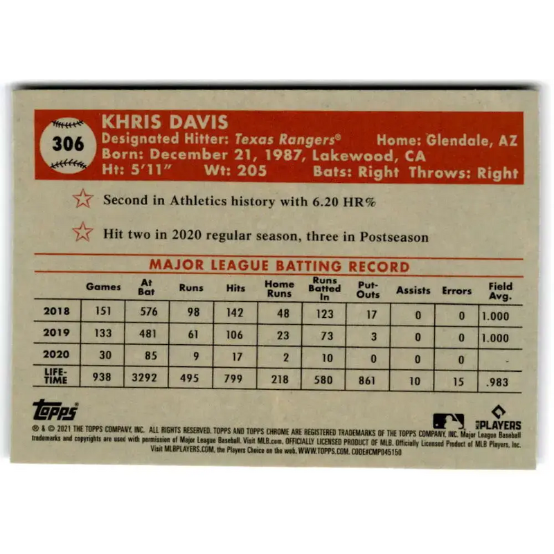 2021 Topps Chrome Platinum Anniversary #306 Khris Davis NM-MT Texas Rangers Baseball Card - Baseball Card Single