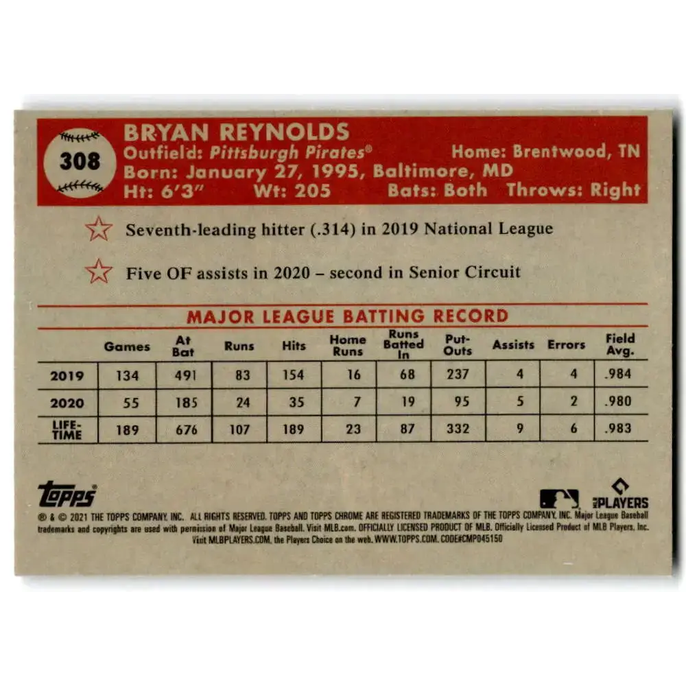 2021 Topps Chrome Platinum Anniversary #308 Bryan Reynolds NM-MT Pittsburgh Pirates Baseball Card - Baseball Card Single