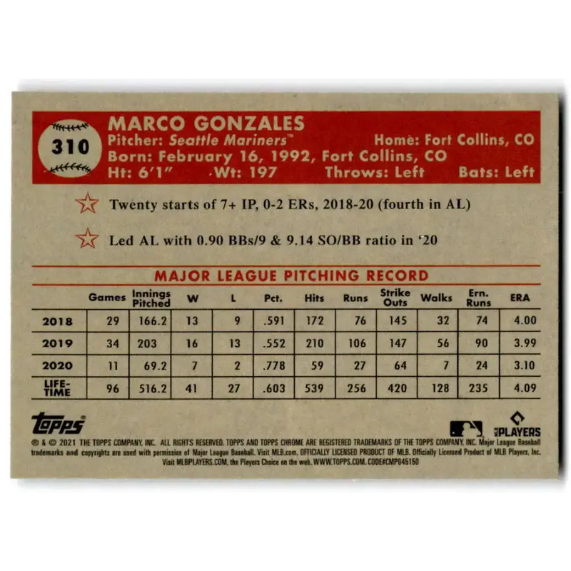 2021 Topps Chrome Platinum Anniversary #310 Marco Gonzales NM-MT Seattle Mariners Baseball Card - Baseball Card Single