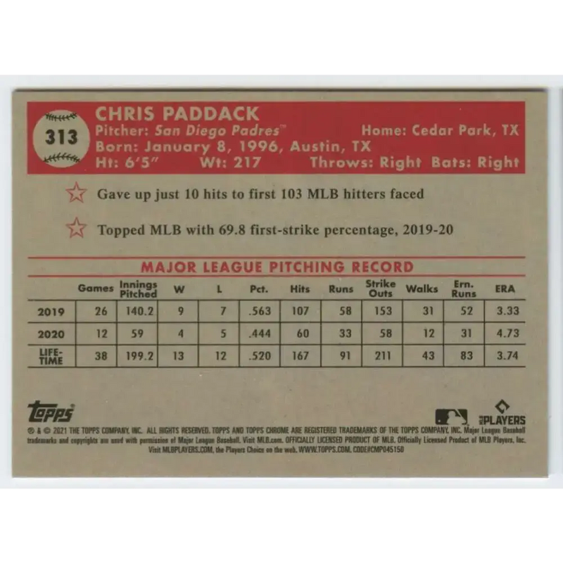 2021 Topps Chrome Platinum Anniversary #313 Chris Paddack NM-MT San Diego Padres Baseball Card - Baseball Card Single