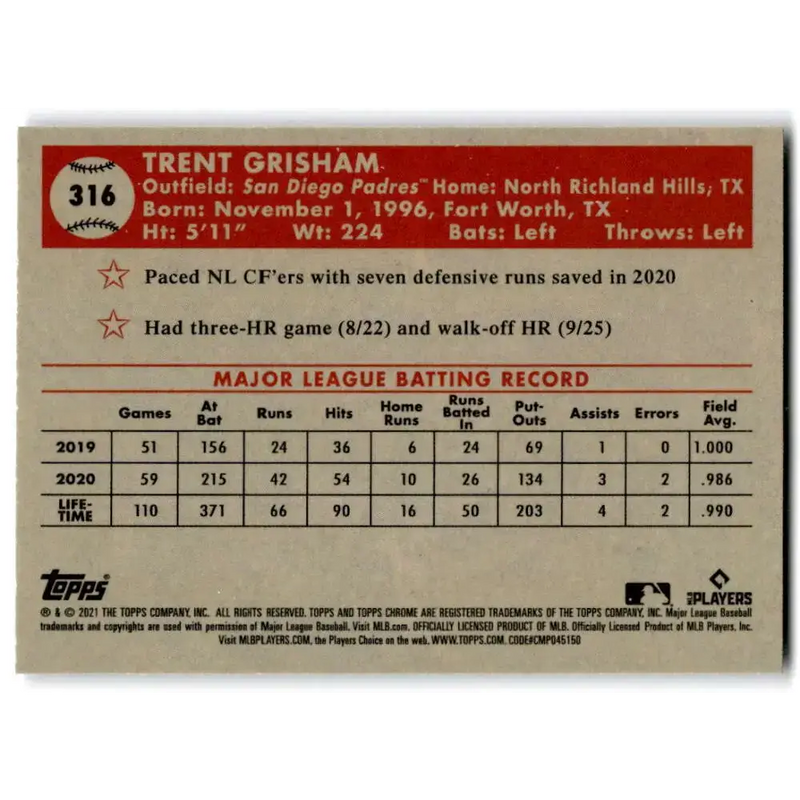 2021 Topps Chrome Platinum Anniversary #316 Trent Grisham NM-MT San Diego Padres Baseball Card - Baseball Card Single