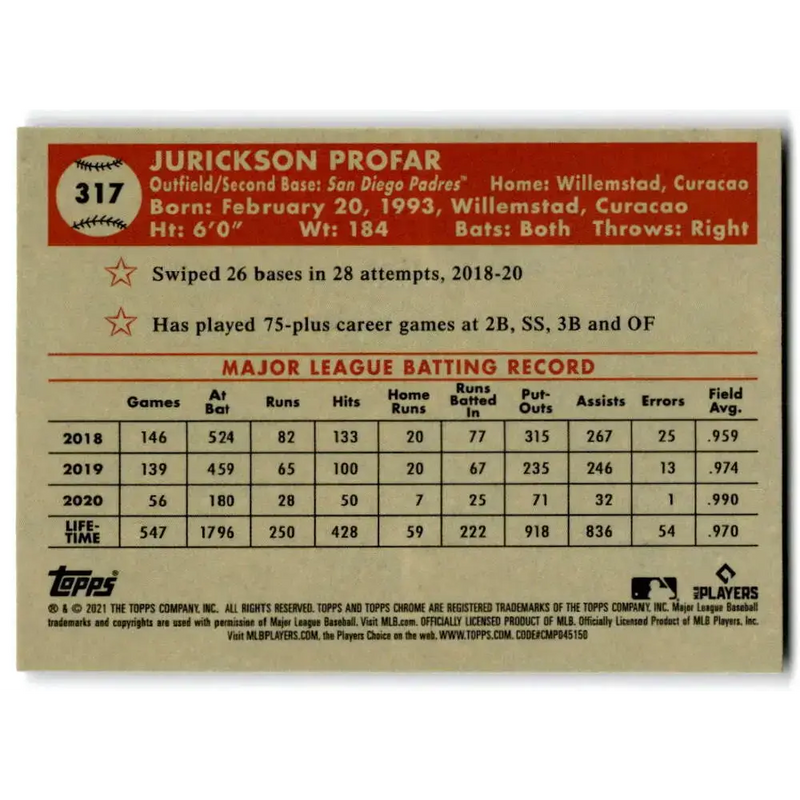 2021 Topps Chrome Platinum Anniversary #317 Jurickson Profar NM-MT San Diego Padres Baseball Card - Baseball Card Single