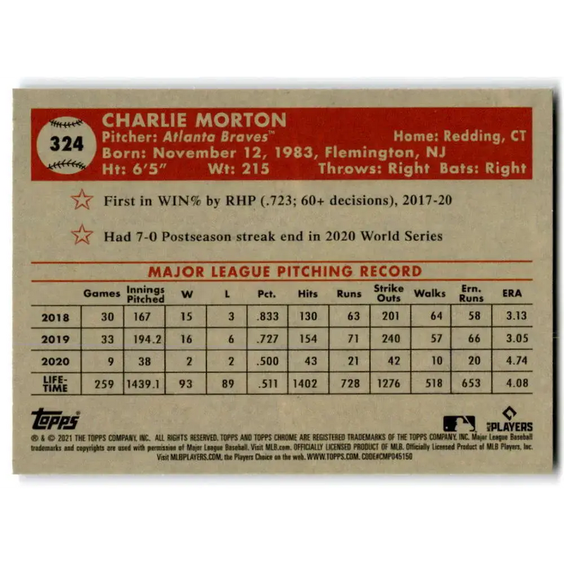 2021 Topps Chrome Platinum Anniversary #324 Charlie Morton NM-MT Atlanta Braves Baseball Card - Baseball Card Single