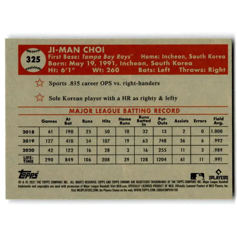 2021 Topps Chrome Platinum Anniversary #325 Ji-man Choi NM-MT Tampa Bay Rays Baseball Card - Baseball Card Single