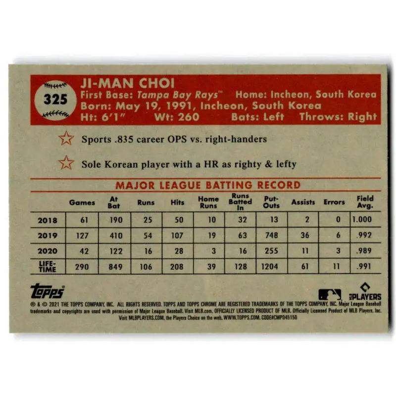 2021 Topps Chrome Platinum Anniversary #325 Ji-man Choi NM-MT Tampa Bay Rays Baseball Card - Baseball Card Single