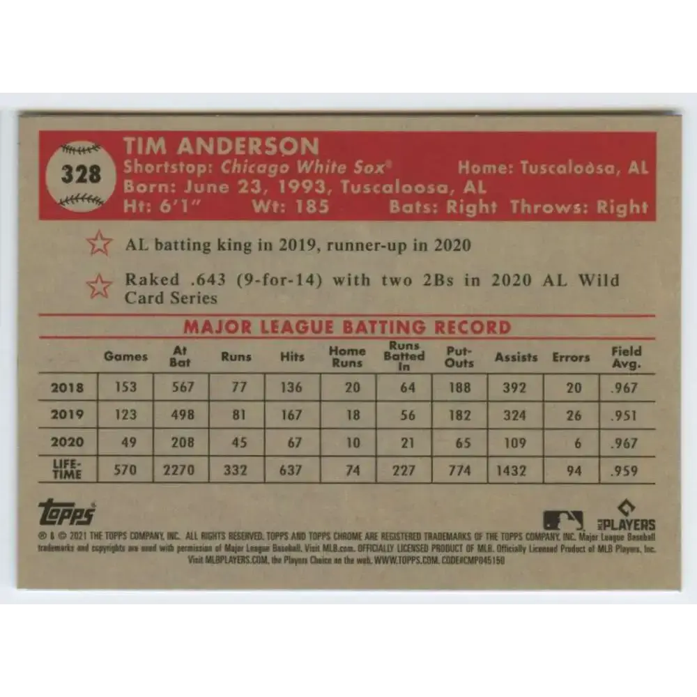 2021 Topps Chrome Platinum Anniversary #328 Tim Anderson NM-MT Chicago White Sox Baseball Card - Baseball Card Single