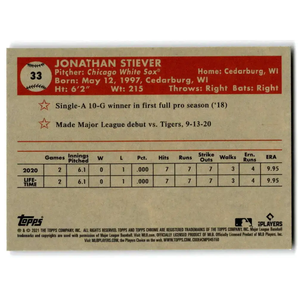 2021 Topps Chrome Platinum Anniversary #33 Jonathan Stiever NM-MT RC Rookie Chicago White Sox Baseball Card - Baseball
