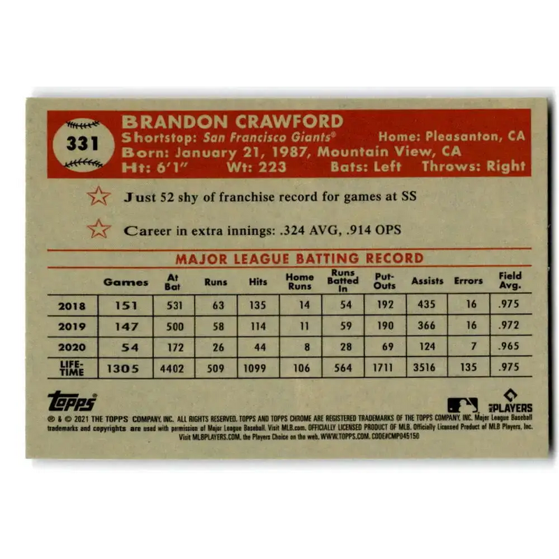 2021 Topps Chrome Platinum Anniversary #331 Brandon Crawford NM-MT San Francisco Giants Baseball Card - Baseball Card