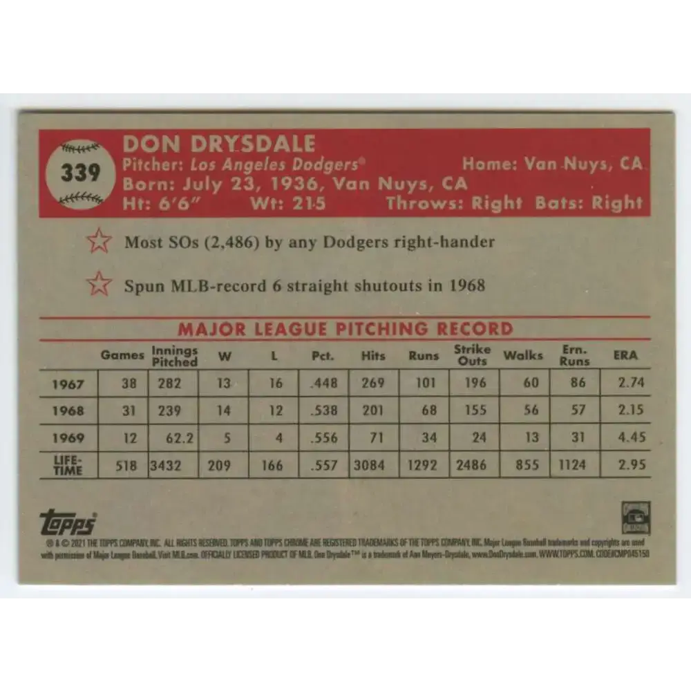 2021 Topps Chrome Platinum Anniversary #339 Don Drysdale NM-MT Los Angeles Dodgers Baseball Card - Baseball Card Single