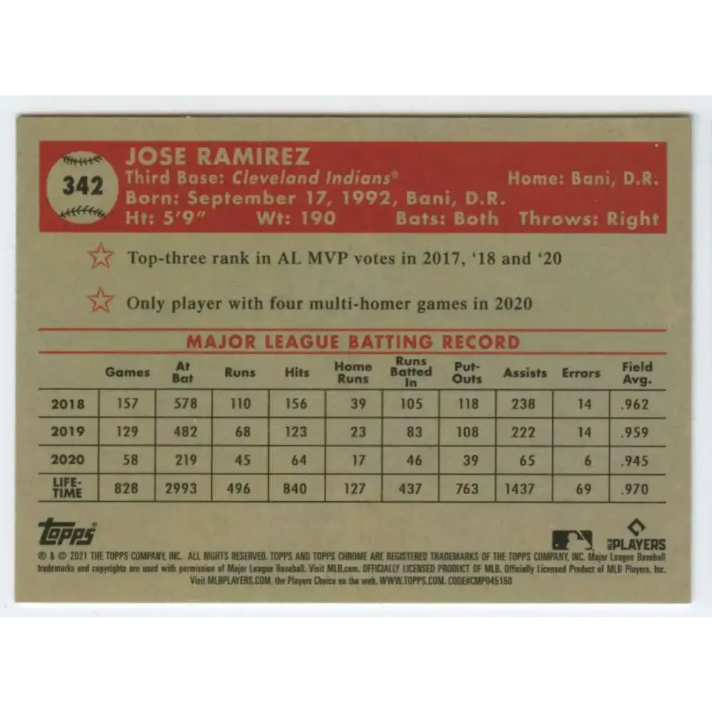 2021 Topps Chrome Platinum Anniversary #342 Jose Ramirez NM-MT Cleveland Indians Baseball Card - Baseball Card Single