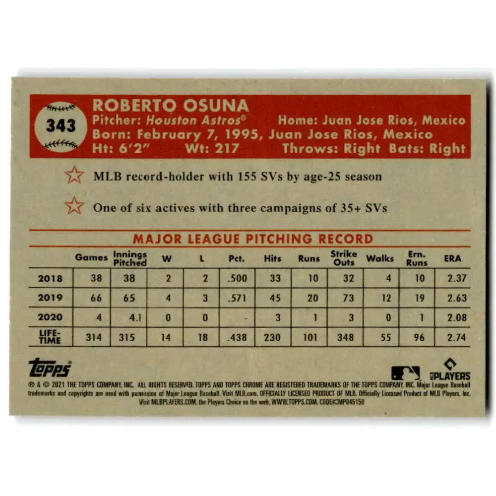 2021 Topps Chrome Platinum Anniversary #343 Roberto Osuna NM-MT Houston Astros Baseball Card - Baseball Card Single