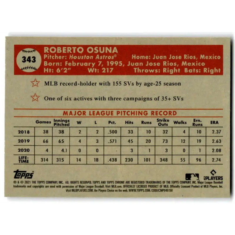 2021 Topps Chrome Platinum Anniversary #343 Roberto Osuna NM-MT Houston Astros Baseball Card - Baseball Card Single