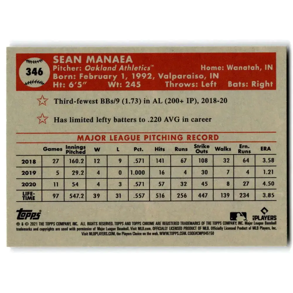 2021 Topps Chrome Platinum Anniversary #346 Sean Manaea NM-MT Oakland Athletics Baseball Card - Baseball Card Single
