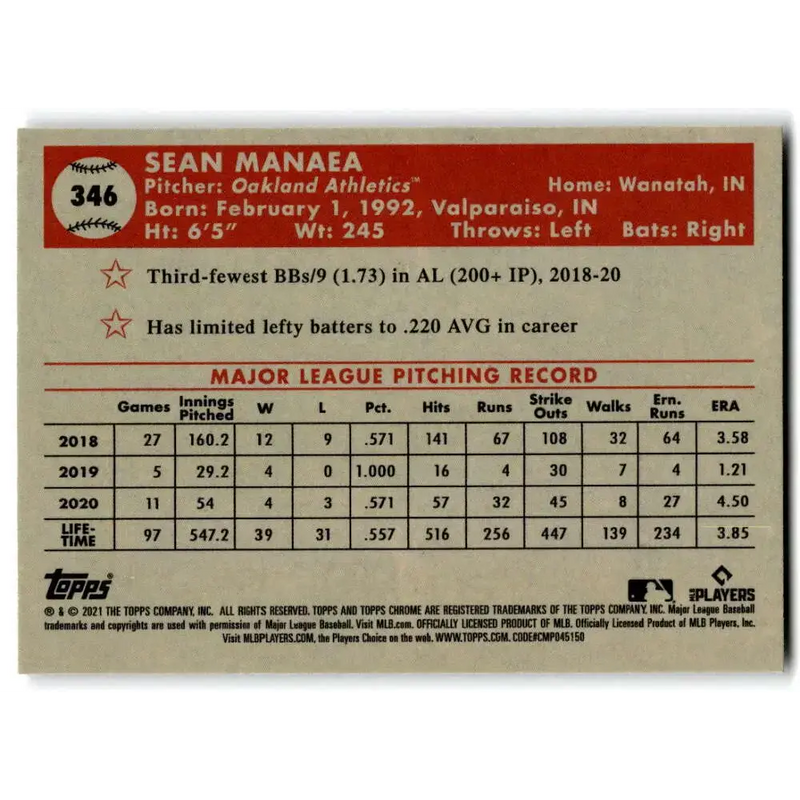 2021 Topps Chrome Platinum Anniversary #346 Sean Manaea NM-MT Oakland Athletics Baseball Card - Baseball Card Single