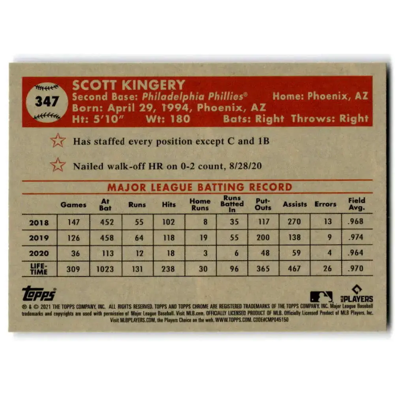 2021 Topps Chrome Platinum Anniversary #347 Scott Kingery NM-MT Philadelphia Phillies Baseball Card - Baseball Card