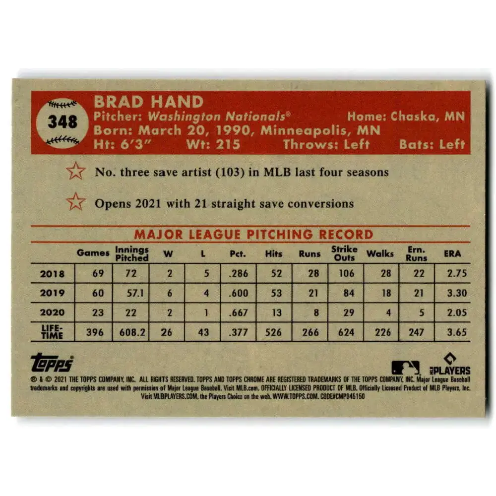 2021 Topps Chrome Platinum Anniversary #348 Brad Hand NM-MT Washington Nationals Baseball Card - Baseball Card Single