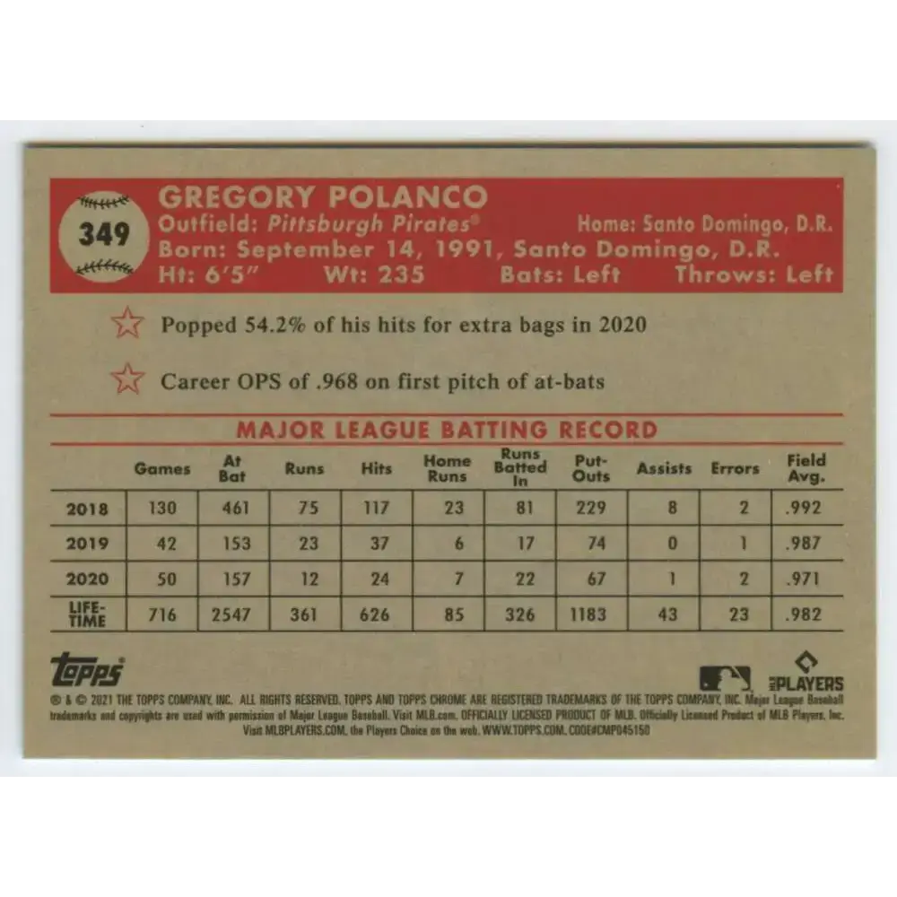 2021 Topps Chrome Platinum Anniversary #349 Gregory Polanco NM-MT Pittsburgh Pirates Baseball Card - Baseball Card