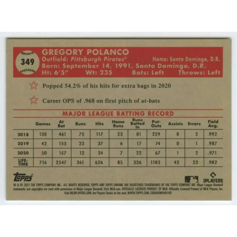 2021 Topps Chrome Platinum Anniversary #349 Gregory Polanco NM-MT Pittsburgh Pirates Baseball Card - Baseball Card