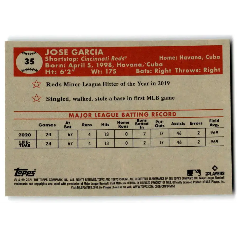 2021 Topps Chrome Platinum Anniversary #35 Jose Garcia NM-MT RC Rookie Cincinnati Reds Baseball Card - Baseball Card
