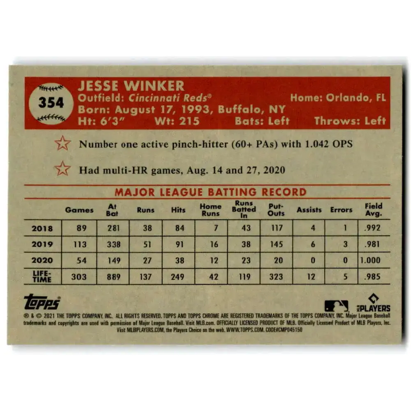 2021 Topps Chrome Platinum Anniversary #354 Jesse Winker NM-MT Cincinnati Reds Baseball Card - Baseball Card Single