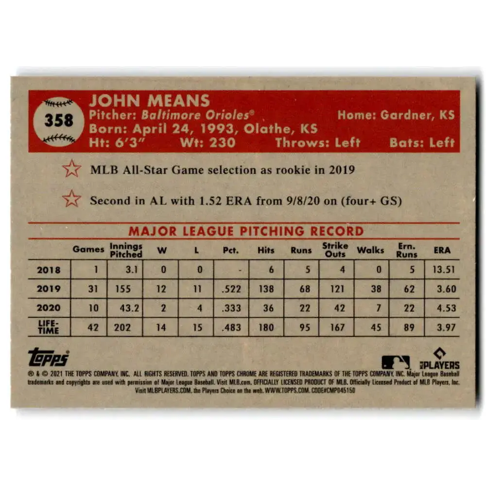 2021 Topps Chrome Platinum Anniversary #358 John Means NM-MT Baltimore Orioles Baseball Card - Baseball Card Single