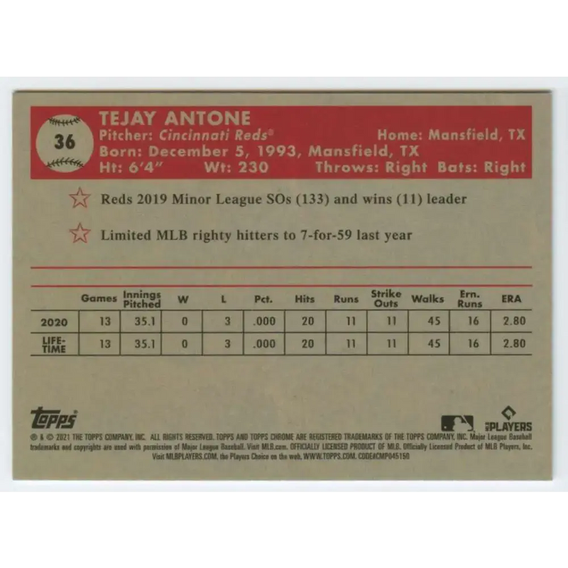2021 Topps Chrome Platinum Anniversary #36 Tejay Antone NM-MT RC Rookie Cincinnati Reds Baseball Card - Baseball Card