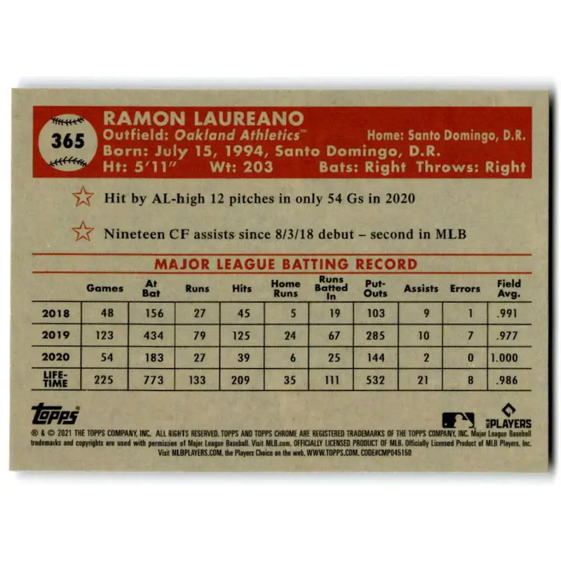 2021 Topps Chrome Platinum Anniversary #365 Ramon Laureano NM-MT Oakland Athletics Baseball Card - Baseball Card Single