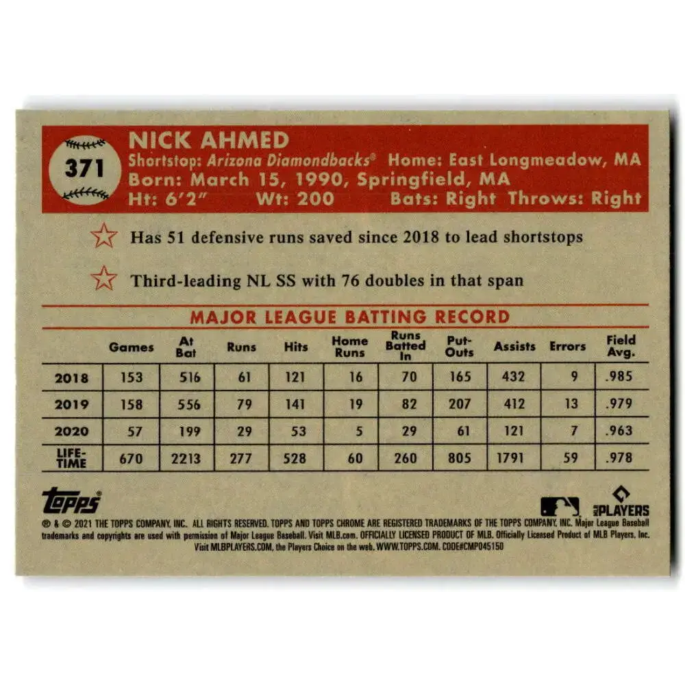 2021 Topps Chrome Platinum Anniversary #371 Nick Ahmed NM-MT Arizona Diamondbacks Baseball Card - Baseball Card Single