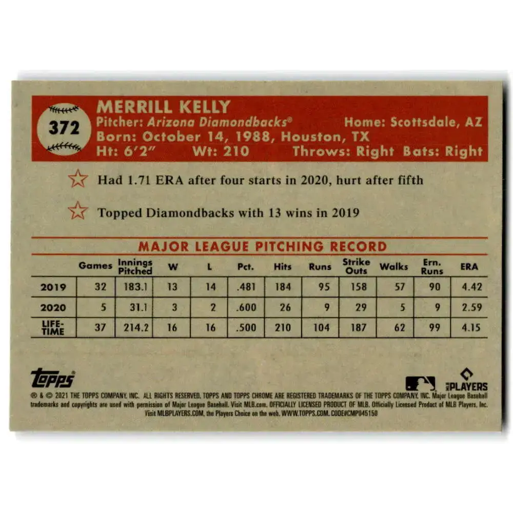 2021 Topps Chrome Platinum Anniversary #372 Merrill Kelly NM-MT Arizona Diamondbacks Baseball Card - Baseball Card