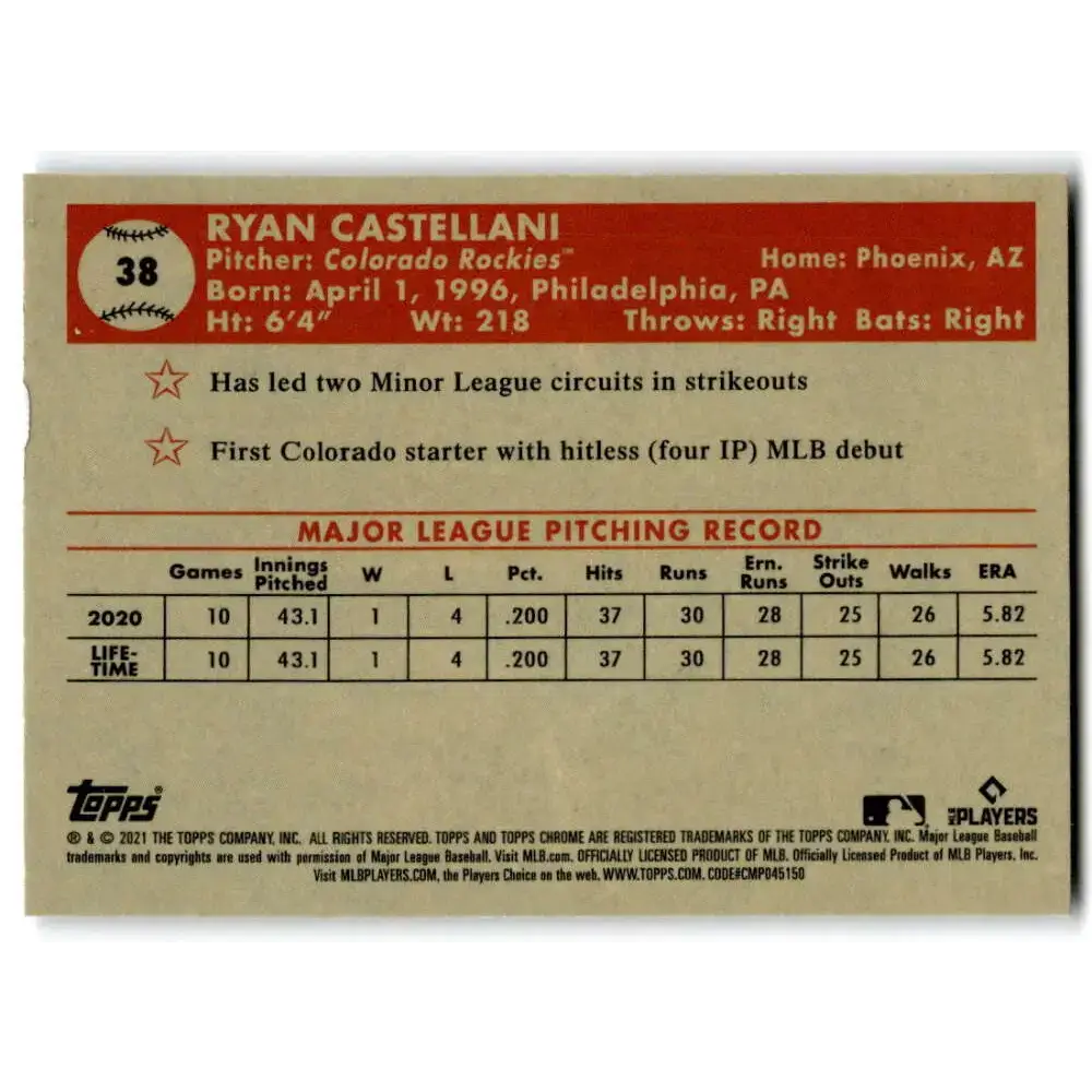 2021 Topps Chrome Platinum Anniversary #38 Ryan Castellani NM-MT RC Rookie Colorado Rockies Baseball Card - Baseball