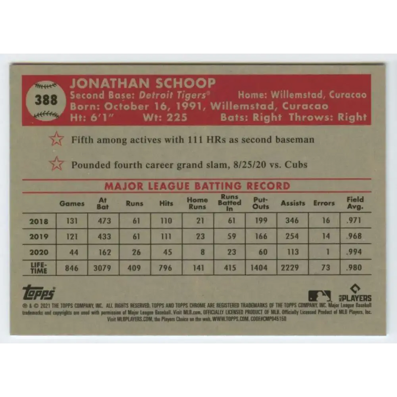 2021 Topps Chrome Platinum Anniversary #388 Jonathan Schoop NM-MT Detroit Tigers Baseball Card - Baseball Card Single