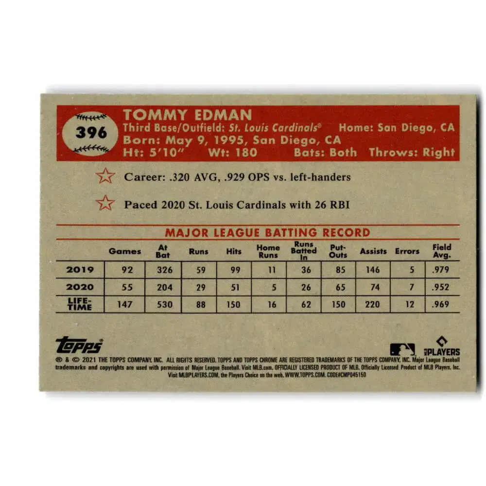 2021 Topps Chrome Platinum Anniversary #396 Tommy Edman NM-MT St. Louis Cardinals Baseball Card - Baseball Card Single